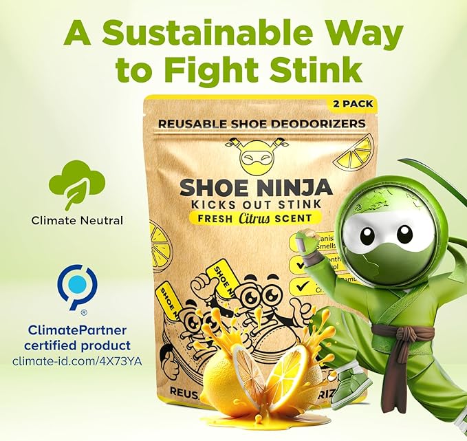 Shoe Ninja Shoe Deodorizer - Shoe Odor Elimination with Activated Charcoal, Versatile and Reusable Shoe Smell Remover, Boxing Glove Deodorizer, and Shoe Freshener, Great for Sports - 1 Pack Count of 2