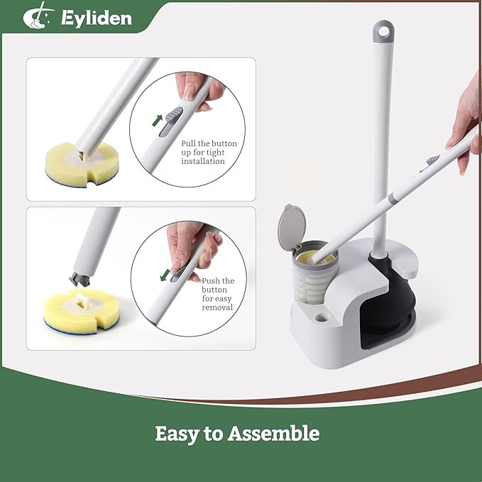 Eyliden Toilet Brush and Plunger Combo Set | 2-in-1 Disposable Toilet Bowl Wand Kit with 10 Refill Heads, Toilet Plunger, Compact Storage Holder | Bathroom Cleaning System for Home, White