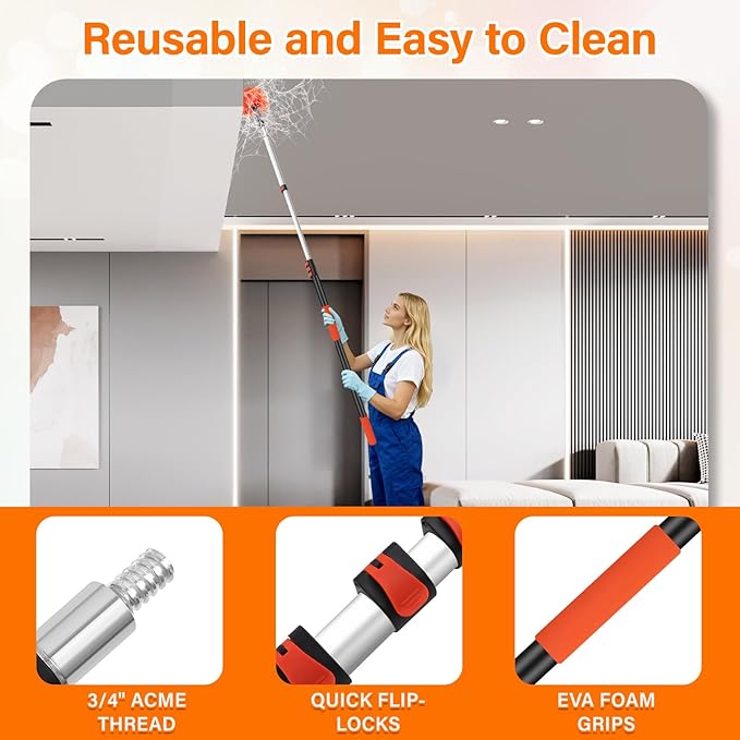 26FT High Reach Duster with Extension Pole 5-20FT, 4-in-1 Cleaning Kit with Universal Swivel Joint | High Ceiling Fan Cleaner, Cobweb Duster & Window Squeegee for Safe High-Reach Cleaning