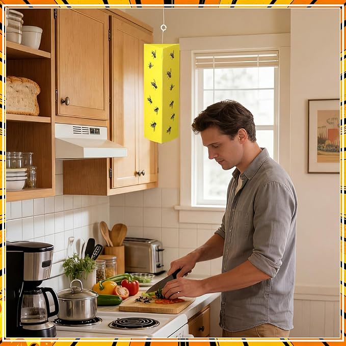 50 Pack Sticky Fly Traps, Yellow Gnat Killer with 3D Foldable Design, Non-Toxic Odorless Bug Catcher with Hook for Indoor Outdoor Flies, Mosquitoes, Moths, Whiteflies, 9.84 x 3.54 x 2.56 Inch