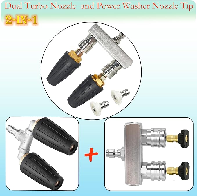 Dual Turbo Nozzle Pressure Washer and Dual Pressure Washer Tips 2-in-1,with 2 PCS 360°Rotating Turbo Nozzle,2 PCS Nozzle Tips,4000 PSI,1/4 Inch Quick Connect pressure washer accessories