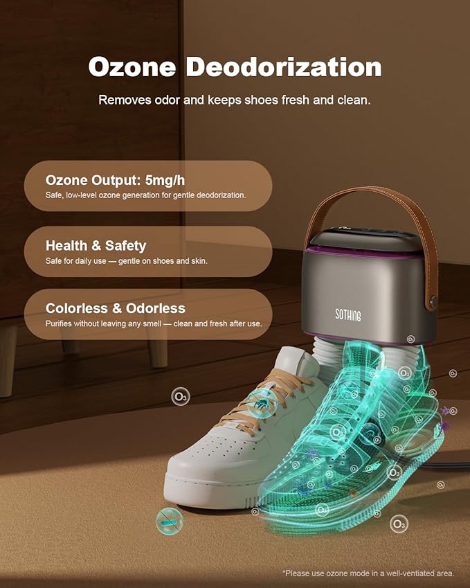 SOTHING Boot Dryer, Portable Shoe Dryer for Sneakers, Ozone Deodorizer, Retractable Hoses, 95W Rapid Drying, 3 Heat Levels, LED Touch Panel, 1–9H Timer, for Work Boots, Soccer Cleats, Gloves, Purple