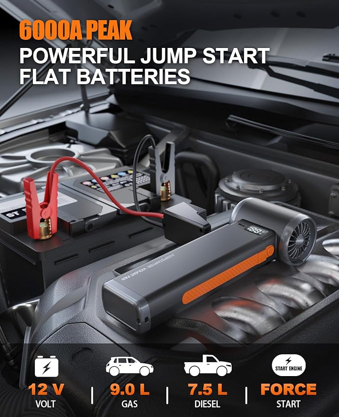Portable Car Battery Jump Starter 6000A Jumper Box Combo Compressed Air Duster & Vacuum Cleaner Function, 12V Battery Charger Booster Power Pack with Turbo Fan, 3-Speed Blower for Snow/Leaves/Dust