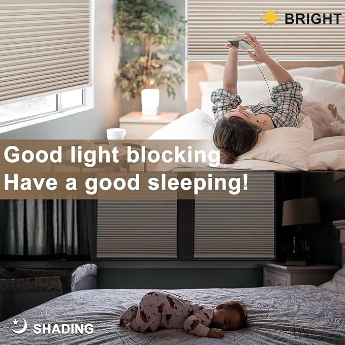 MYshade Cordless Blackout Cellular Shades, 1.5" Honeycomb Window Blinds for Bedroom & Nursery, Thermal Insulated, Noise Reducing, Privacy Shades, Inside or Outside Mount (38" W x 64" H, Beige)