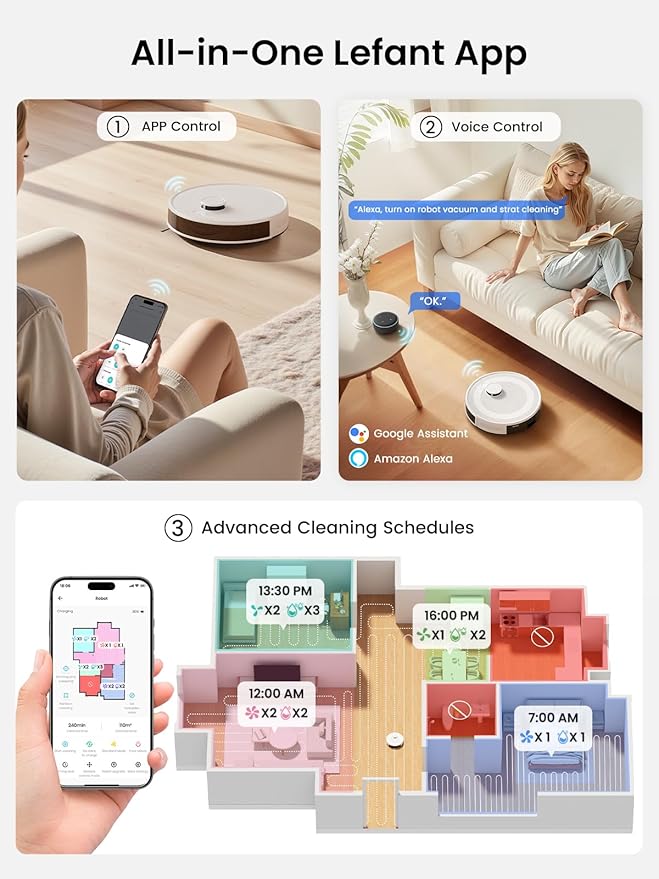 Lefant LiDAR Robot Vacuum and Mop, 90-Day Self-Emptying, 190° PSD Obstacle Avoidance, Customized Cleaning, Multi-Floor Mapping, 6000Pa Strong Suction, 140 Min Runtime, WiFi/Alexa/APP/iWatch, M2 Pro