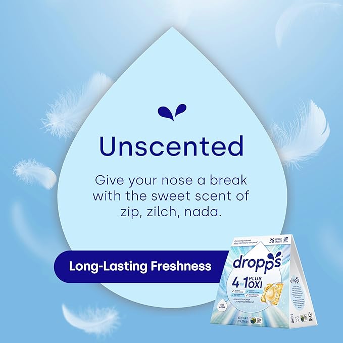 Dropps 4-in-1 Plus Oxi Laundry Detergent Pods, Free & Clear (38 Count) - Unscented Laundry Pods | Odor Defense | Fights Stains | Whitens & Brightens | Clean Ingredients | Plastic Free Packaging