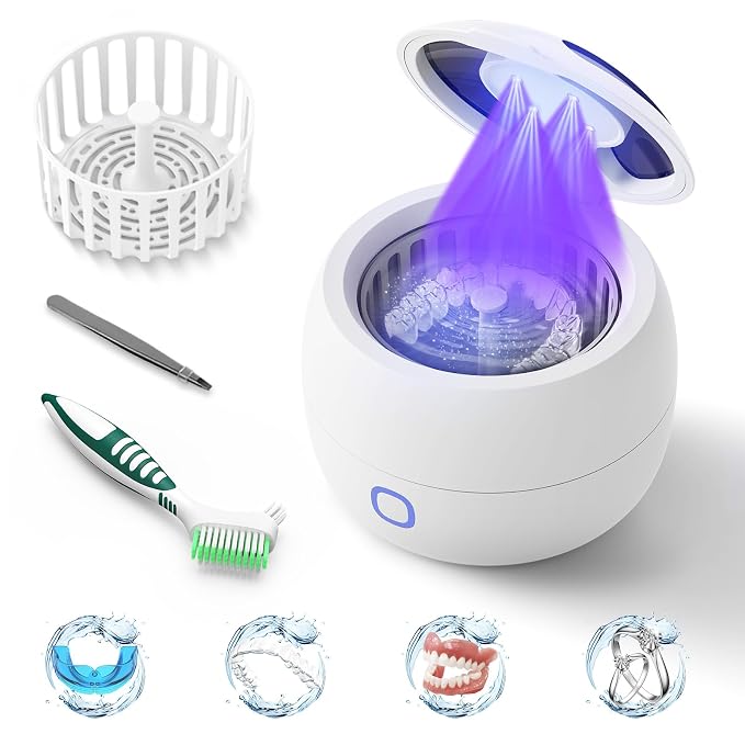 2025 Ultrasonic Retainer Cleaner Machine – 45kHz Denture Cleaner for Night & Mouth Guards – 24W Ultrasonic Cleaner, 4 Modes, 200ML Retainer Cleaner for Night Guards, Braces, Aligner, Jewelry and More