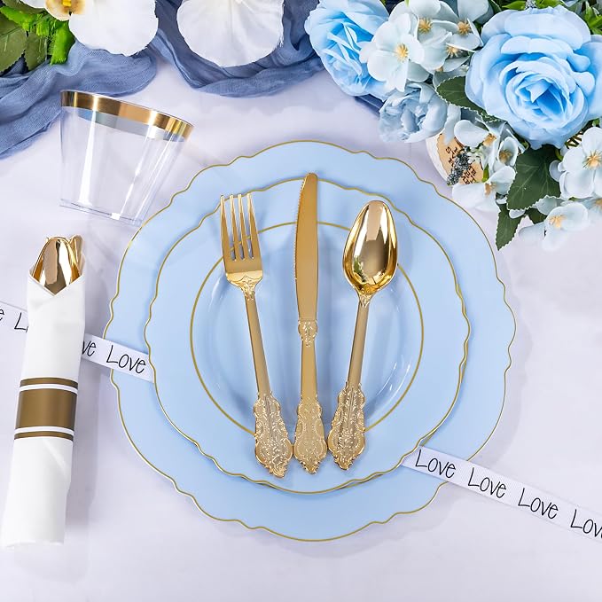Liacere 350PCS Blue Plastic Plates - Disposable Blue and Gold Plates 50guest Baroque Plastic Dinnerware include 100Plates, 50Pack Pre Rolled Napkins with Silverware 50Cups for Wedding&Party