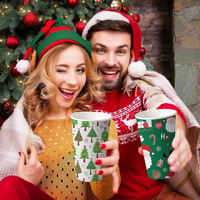 AIBIIN 80 PCS Christmas Disposable Paper Cups 12 oz Christmas Coffee Cups Hot Chocolate Cups Snowman Santa Gingerbread Xmas Party Cup Holiday Table Party Supplies Decorations