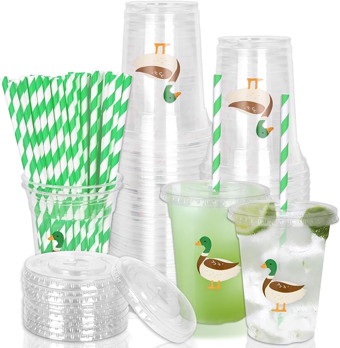 Whaline 50 Pcs Mallard Duck Disposable Plastic Cups with Lids and Straws 12 Oz Cute Green Duck Cold Beverage Drinking Cups for Birthday Baby Shower Party Supplies
