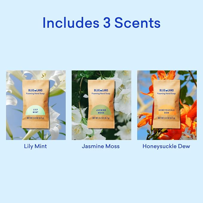 BLUELAND Foaming Hand Soap Refill Tablets, 4-Pack, Garden Blooms Variety Scents, Eco Friendly Cleaning Products, 4 x 9 Fl oz