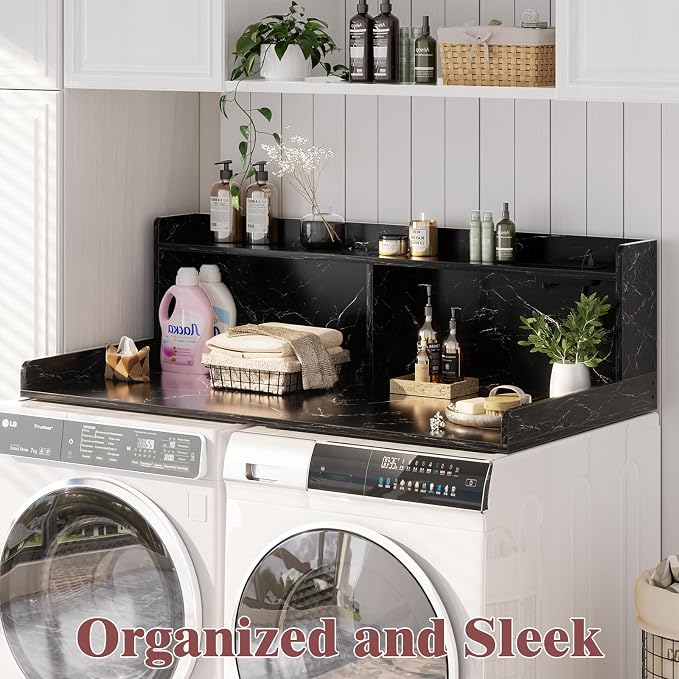Aheaplus Washer and Dryer Countertop, 2-Tier Laundry Countertop Cover with LED Lights and Power Strip, Large Space Laundry Topper with Shelf for Laundry Room Organization, Black Marble