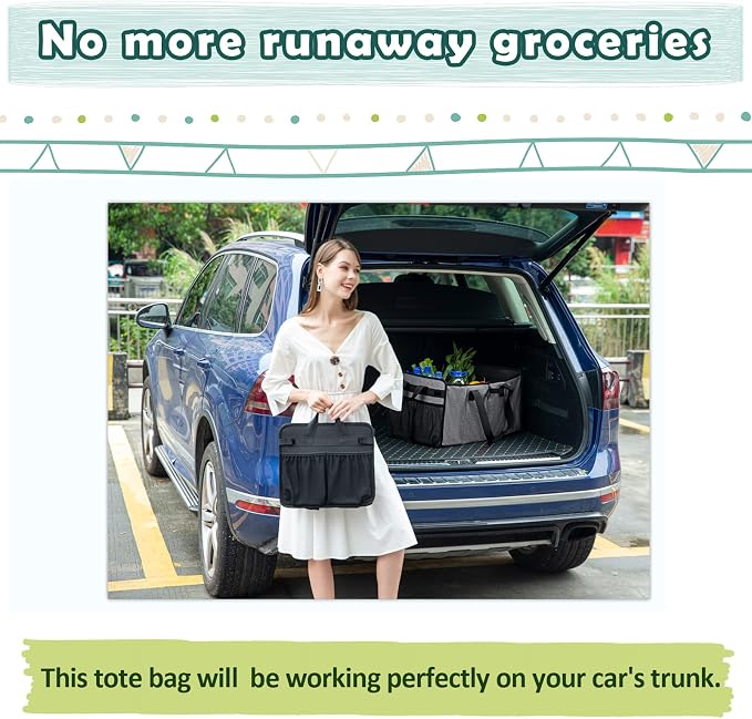 Extra Large Utility Tote Bag with Wire Frame Collapsible Reusable Grocery Bags Heavy Duty Shopping Bags for Groceries with Handles Trunk Organizer for Beach Travel Picnics Camping Laundry