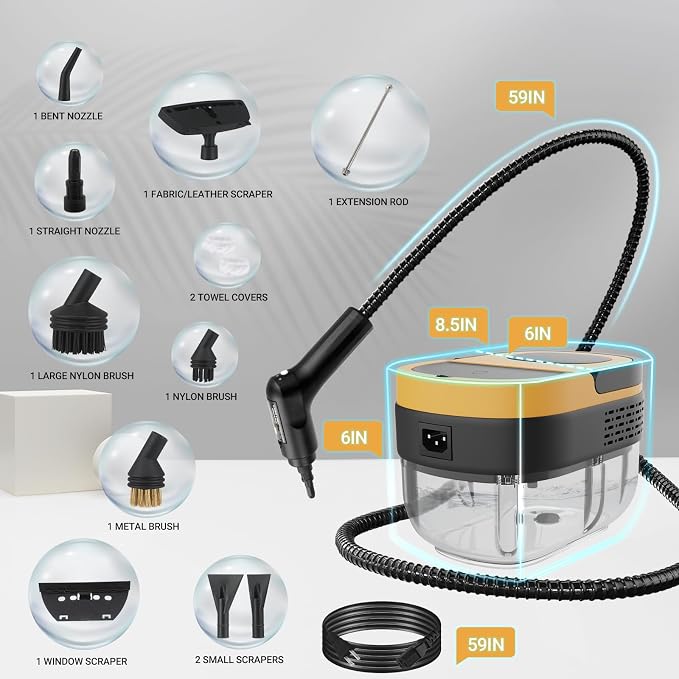 Steam Cleaner - 3-Level Adjustable Handle 15s Heat-Up - Steaming cleaner with 10pcs Accessories - Portable Steam Cleaner for Home for Car, Dirt, Grease, Grout, Tile, Floor, Couch, Furniture-Yellow