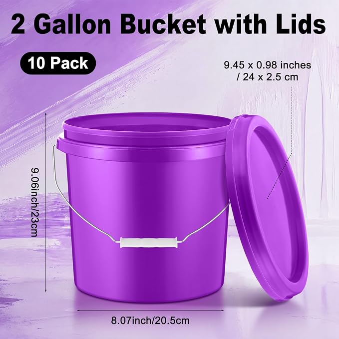 Tioncy 10 Pcs 2 Gallon Plastic Bucket with Lid Heavy Duty 2 Gallon Bucket Pail with Lid Handle for Storage Container Home Household Cleaning (Purple)