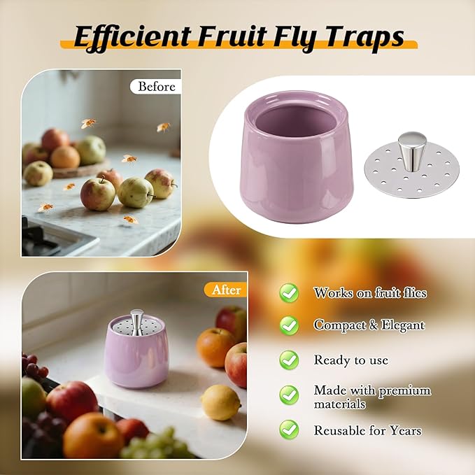 Ceramic Fruit Fly Trap for Indoors, Reusable Kitchen Fly Catcher with Stainless Steel Vent Lid, Uses Safe & Natural Vinegar Bait Trap, Dishwasher Safe, Easy to Use(Purple,1 Pack)