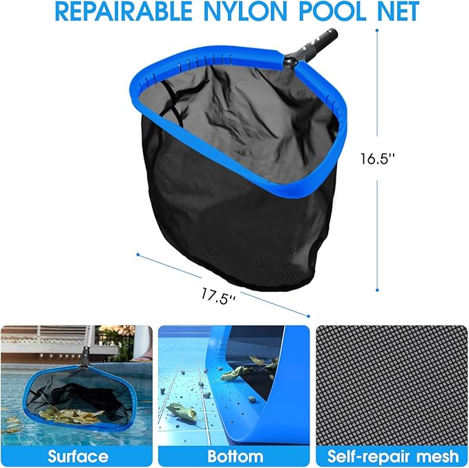 TidyMister All in One Pool Cleaning Kit - 18'' Repairable Pool Nylon Net & 18'' Detachable Round Brush & 11'' Fine Mesh Skimmer Net & Pool Chlorine Floater & Handy Scrubber for Water Line Cleaning