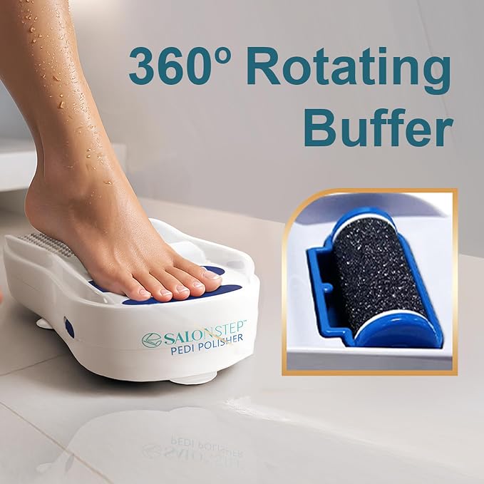 Salon Step Pedi Polisher – Hands-Free Foot Exfoliator for Shower or Dry Use, Waterproof Smoother with 360 Spinning Buffer, Suction Base for Stability, at-Home Pedicure Tool