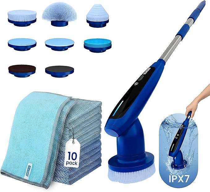 Electric Spin Scrubber & Wire Dishcloths 10 Pack Bundle – Cordless Power Scrubber 120 Min IPX7 Waterproof 8 Brush Heads + 8x8in Double-Layer Non-Scratch Reusable Cleaning Cloths