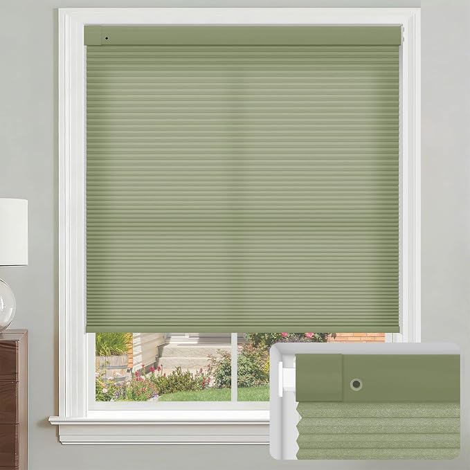 No Drill Cellular Shades, Sage Custom Size Cordless Light Filtering Pull Down Pleated Honeycomb Blind Thermal Insulated Easy Install for Indoor Window Bedroom Living Room Kitchen Door
