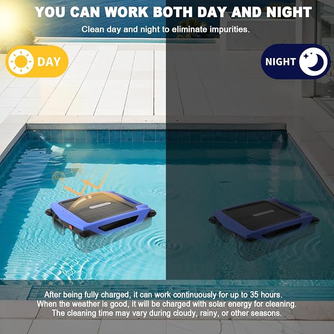Solar Powered Robotic Pool Skimmer, Automatic Pool Surface Cleaner Robot with 24/7 Continuous Cleaning, App Control, Dual Charging, Ideal for Above Ground & In-Ground Pools (Blue)