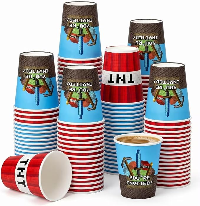 50Pcs Pixel Themed Paper Cups Disposable 9oz Paper Cups for for Sports Supplies Decorations Drinking for Birthday Party Favors