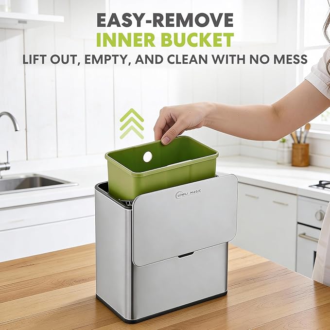 Simpli-Magic Kitchen Compost Bin and Caddy, 5L / 1.32 Gal Stainless Steel with Removable Inner Bucket and Deodorizer Compartment, 2-in-1 Countertop Compost Bin with Lid, Kitchen Food Waste, 79705