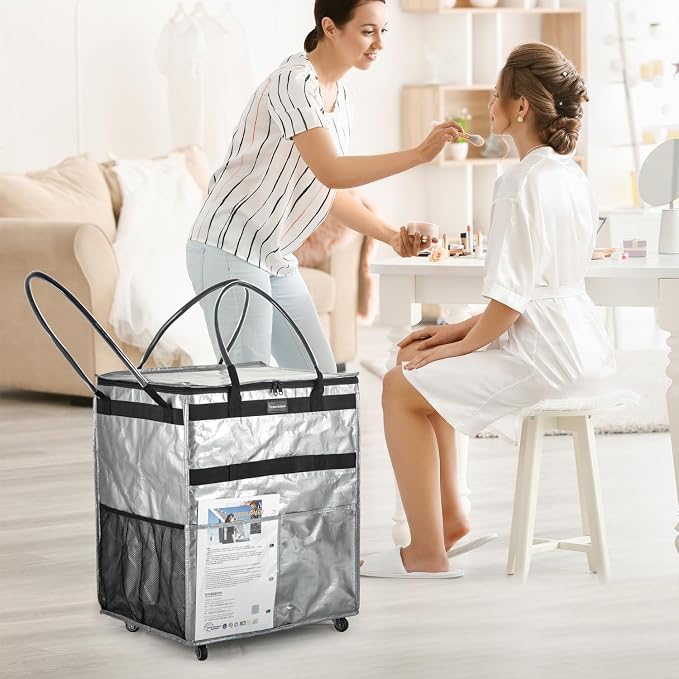 Reusable Grocery Bag On Wheels Large Capacity Shopping Trolley Foldable Rolling Tote with Outside Pocket, Heavy Duty Handle (Silver, Large)