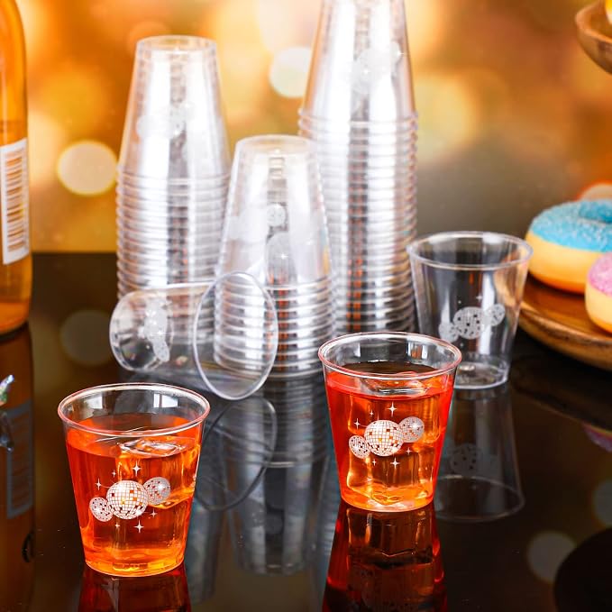 Lallisa 100 Pcs Disco Ball Plastic Shot Glasses 2oz mini Clear Disposable Cups Disco Party Supplies Cups for Shots Wine Whiskey Tasting Pudding Bachelorette Elegant Parties