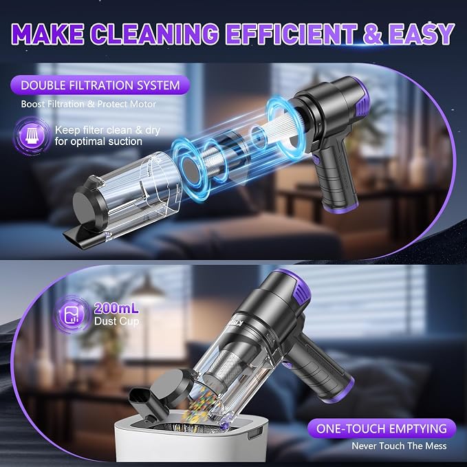 KMM Handheld Car Vacuum Cleaner, 16000PA Air Duster & Vacuum Cleaner, 120W High Power Hand Held Vacuum Cordless, Portable Vacuum Rechargeable with Multi-Nozzles & LED Light for Car, Home, Pet, Office