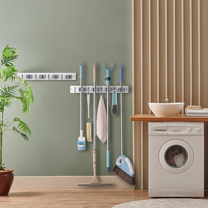 OUTNILI White Broom Holder and Coat Rack Wall Mount Bundle
