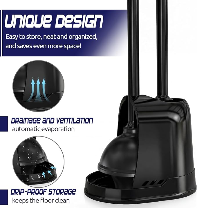 Reallnaive 4 Set Toilet Plunger and Brush Set with Ventilated Holder 2 in 1 Toilet Bowl Brush and Heavy Duty Plunger Combo Bathroom Cleaning Kit for Home and Commercial Bathrooms Drainage(Black)
