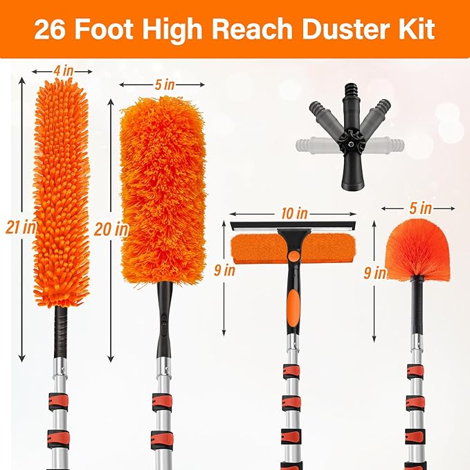 26FT High Reach Duster with Extension Pole 5-20FT, 4-in-1 Cleaning Kit with Universal Swivel Joint | High Ceiling Fan Cleaner, Cobweb Duster & Window Squeegee for Safe High-Reach Cleaning