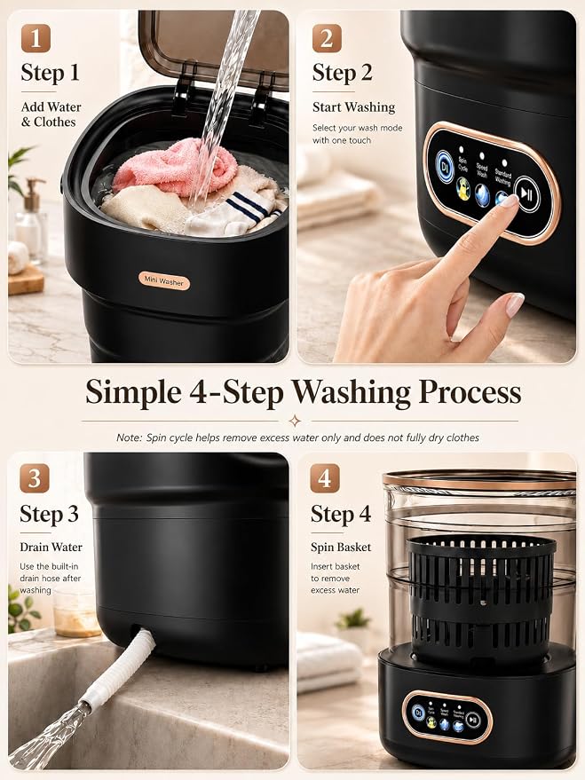 Portable Washing Machine 16L Foldable Mini Washer for Underwear Socks Baby Clothes Small Loads Compact Washer for Apartment Dorm RV Travel (Black)