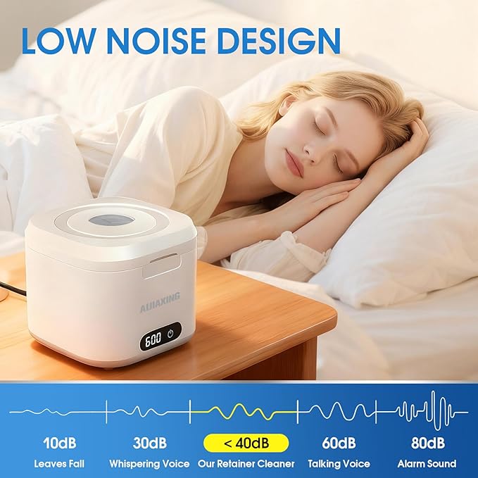 Ultrasonic Retainer Cleaner Machine with UV Light, 49kHz Dental Pod Cleaner with Digital Timer, 340ML Stainless Steel Tank for Retainer, Aligners, Dentures, Mouth Guards, Night Guards & Jewelry, White