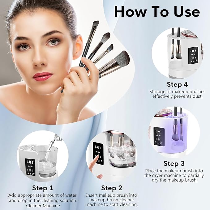 3 in 1 Electric Makeup Brush Cleaner & Dryer Automatic USB Cosmetic Brush Cleaner with Holder, Portable USB Deep Cleaning for All Size Beauty Makeup Brush Set,Blush Brush,Sponges