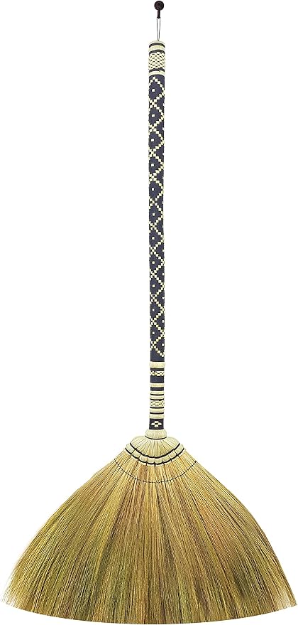 Natural Grass Broom Indoor Outdoor, Vintage Retro Embroidered Woven Nylon,Handmade Broom,Housewarming Gift Witch,Bamboo Stick Handle(Black)