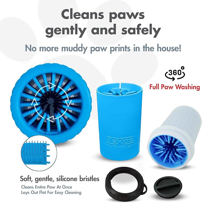Dexas Lidded MudBuster Medium Dog Paw Cleaner, Pro Blue, Fits 1.5"-2.5" Wide Paws, Gentle Silicone Bristles for Quick, Easy Cleaning