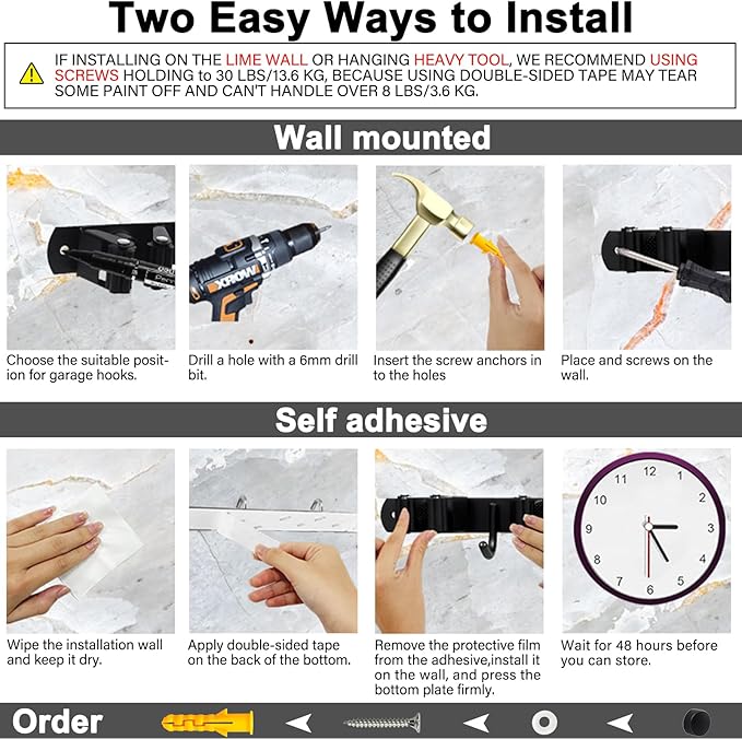 5 Racks and 4 Hooks Mop and Broom Holder Wall Mount, SUS304 Heavy Duty Broom Organizer Storage Tool Racks, Self Adhesive Solid Non-slip Tool Hangers for Home Kitchen Garden Laundry Garage
