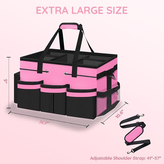ZKOO Large Cleaning Caddy Bag with Handle, Portable Cleaning Supply Organizer Tote with Sturdy Support Board Adjustable Shoulder Strap, Multi-Compartment Storage for Housekeepers, Maids Cleaners, Pink