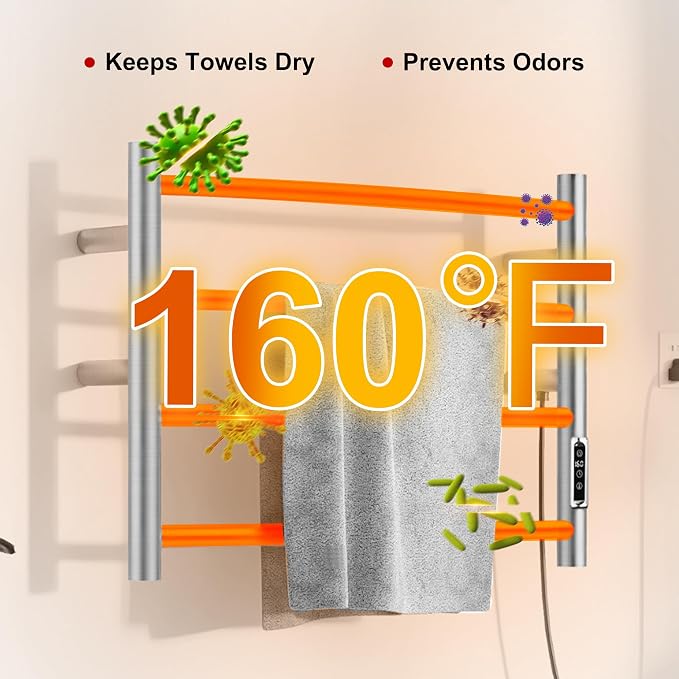 Heated Towel Racks for Bathroom, Wall Mounted Electric Towel Warmer Racks with Timer & Temperature Control, Stainless Steel Towel Heater for Bathroom, Brushed (Round-Brushed Silver, 4 Bars)