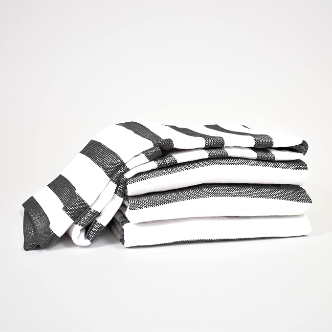 Realm 17" x 27" 100% Cotton Kitchen Towel (4 Pack) | Stripe Pattern Jet Black | Soft, Plush & Absorbent with Solid White Backing