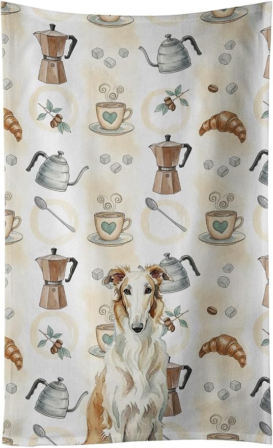 Caroline's Treasures Borzoi Coffee Bar Kitchen Towel Velour Plush Front and Cotton Loop Back Machine Washable