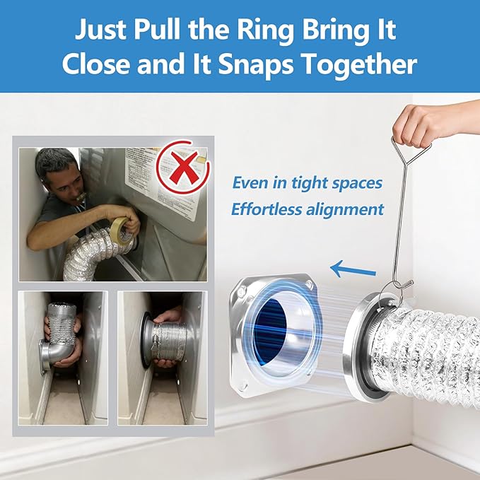 Magnetic Dryer Vent Coupling Connector Kit with Quick-Release Pull Ring – 4"x3.3ft Flexible Duct, 2 Clamps, Fast Cleaning Maintenance