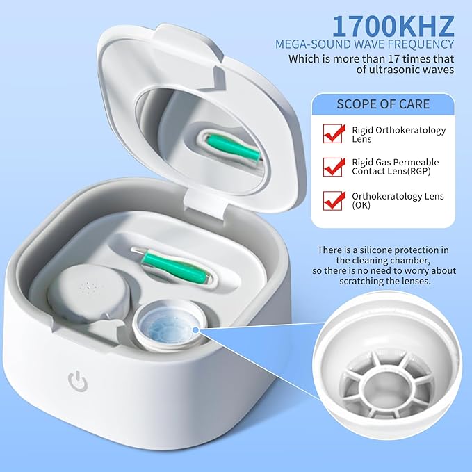 Contact Lens Cleaner, Ultrasonic Rigid Contact Lens Cleaner with USB Charger for OK Lenses, RGP, Colored and Soft Lenses (White)