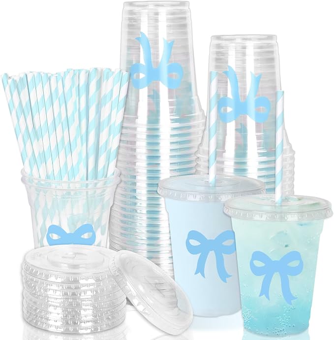 Whaline 50 Pcs Bow Disposable Plastic Cups with Lids and Straws 12 Oz Blue Bow Knot Cold Beverage Drinking Cups
