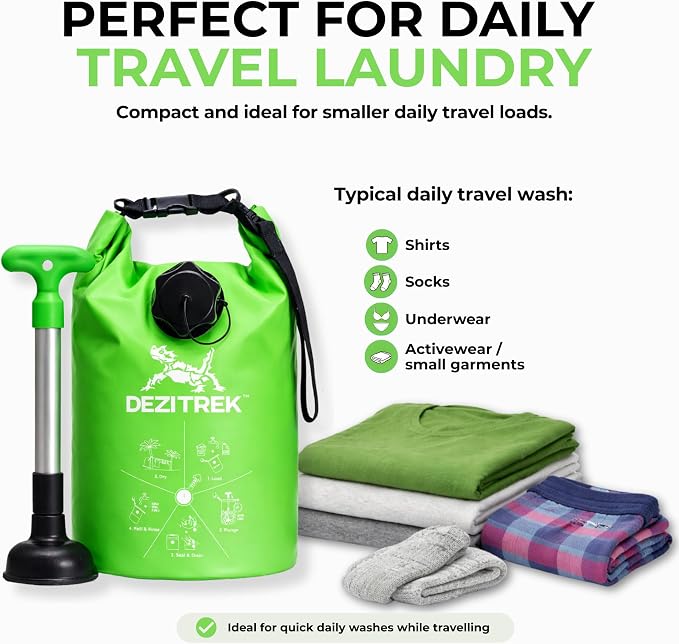 All in One Hand Wash Bag and Plunger Set - Off Grid Washing Machine Non Electric for Camping Travel | Eco Friendly Portable Manual Clothes Washer Laundry Bag for RV's (Medium)
