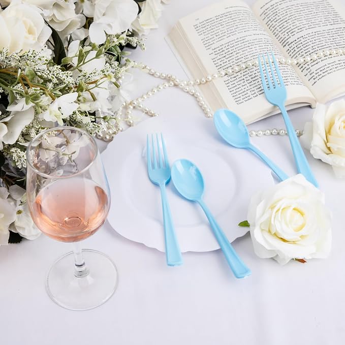 WDF 160 Piece Blue Plastic Silverware - Heavy Duty Blue Silverware Includes 80 Forks, 40 Spoons, 40 Knives, Disposable Plastic Utensils Perfect for Wedding/Birthday/Party