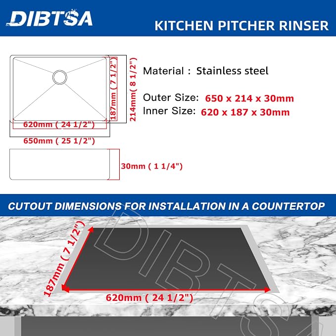 DIBTSA Pitcher Rinser,Stainless Steel Commercial Glass Washers, Countertop Bar Glass Rinser Sink, Extra Large Silver 25.59 x 8.43 x 1.18 inches