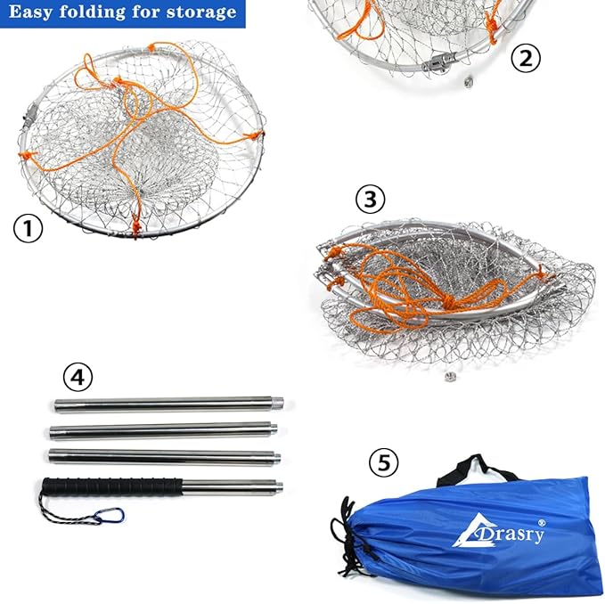 Drasry Large Collapsible Bridge Pier Fishing Net Landing Net with Rod, High Load Aluminum Ring Drop Net for Saltwater and Freshwater Pier Fishing Basket with 49.2 ft. Rope